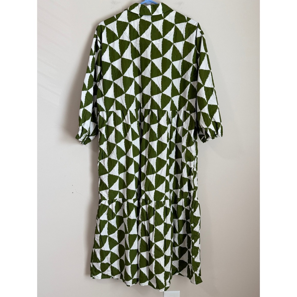 Maeve Shirt Dress Womens Large Green Geometric Tiered Cotton Midi - Picture 3 of 10
